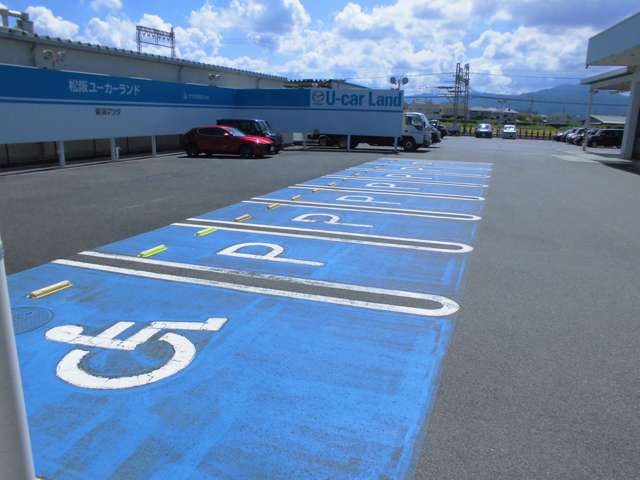 初来店でもわかりやすい青色の駐車スペースです。当店では、マツダ車はもちろんの事他メーカー車の整備等もお任せください！！