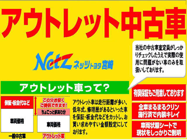 お買得な価格のネッツトヨタ宮崎 アウトレット車をご用意！宮崎県在住の方、現車確認できる方に販売は限らせていただきます。