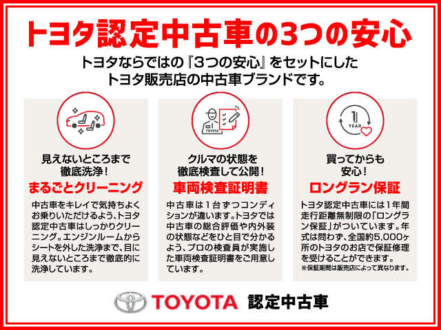 安心してご購入いただけるように、トヨタ認定中古車は3つの安心を1台にセット！